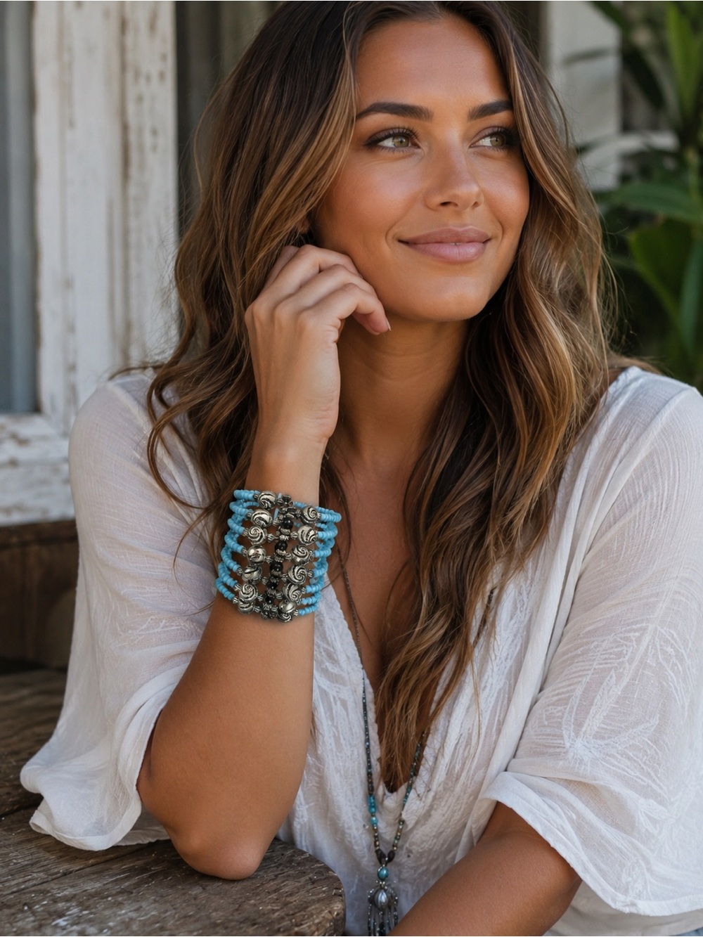 Turquoise Beaded Multi-Row Cuff Bracelet with silver accents